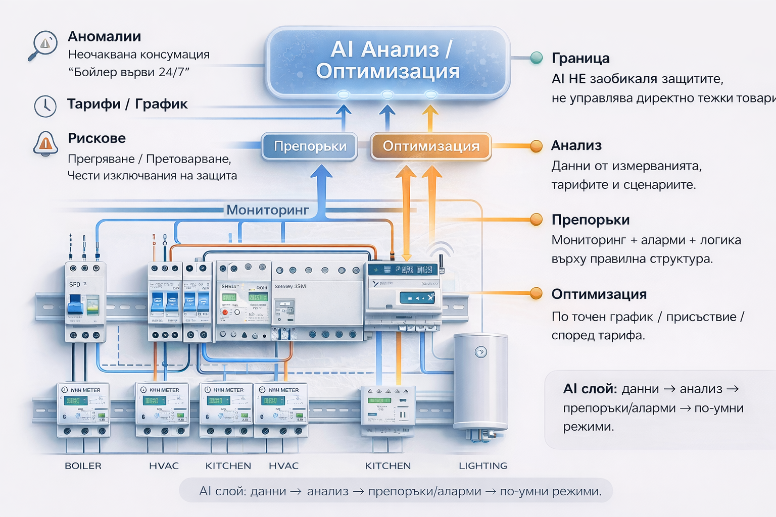 Схема: Energrid AI слой върху кръгове и измервания